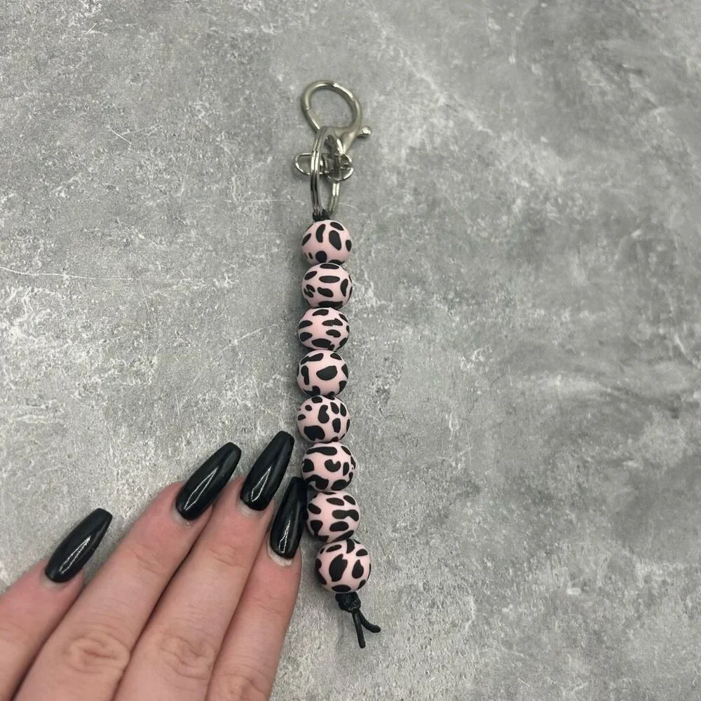 New Handmade Leopard Beaded Keychain Black Pink Round Beads Wristlet Key Ring Ac